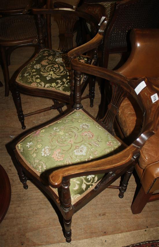 Pair Edwardian tub shaped corner elbow chairs